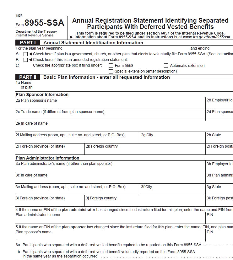 IRS Form 8955-SSA Extension Filing